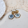 Boucles d'oreilles fleur de myosotis forme hexagone
