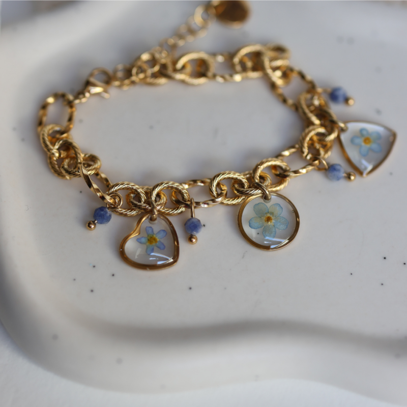 Bracelet grosse maille 3 fleurs de myosotis