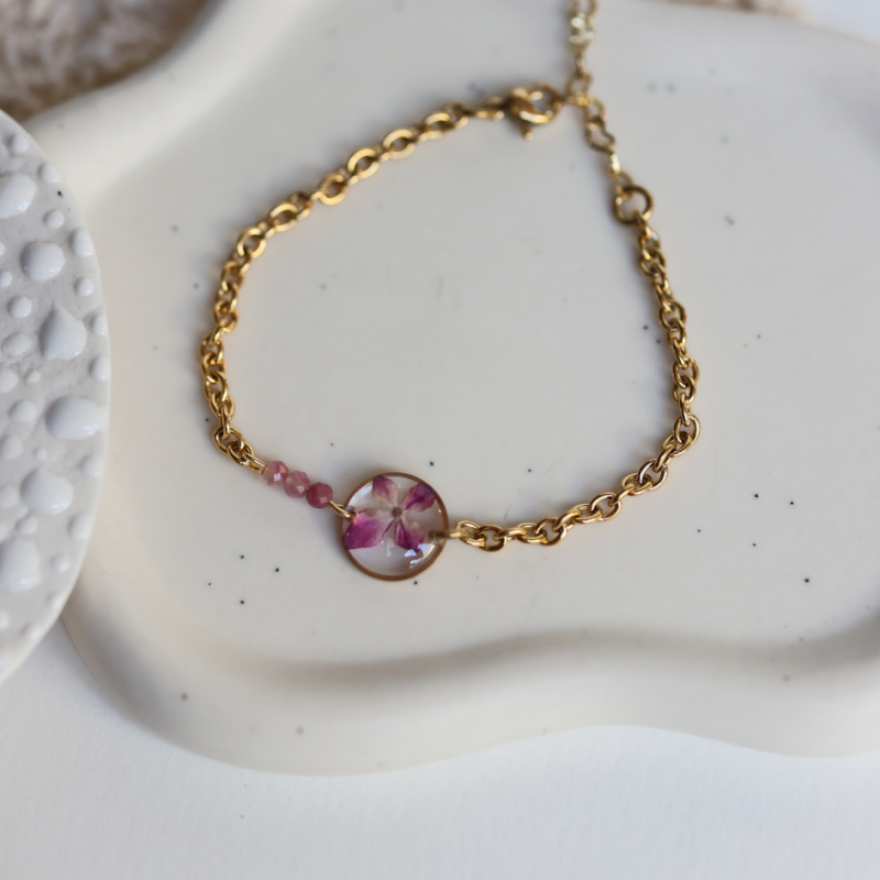 Bracelet cire inoxydable - fleur d’hortensia rose - rond 10mm - perle de gemme rose