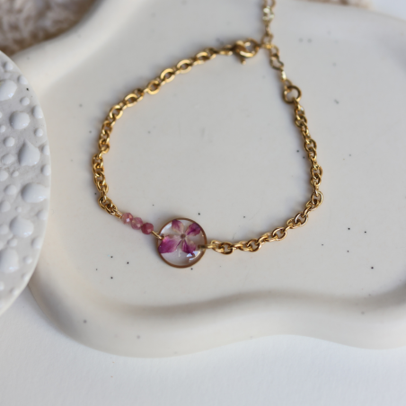 Bracelet cire inoxydable - fleur d’hortensia rose - rond 10mm - perle de gemme rose