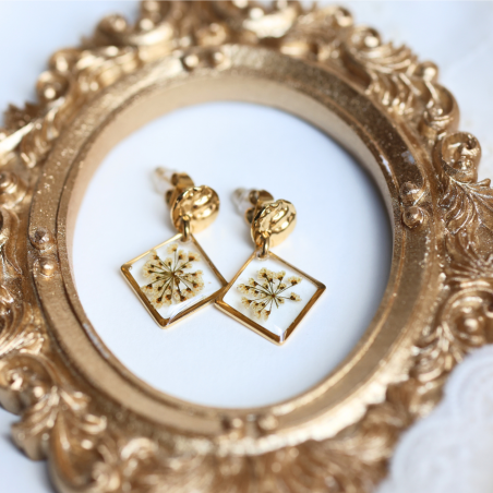 Boucles d’oreilles acier inoxydable - carré - médaille martelée - fleur de carotte sauvage