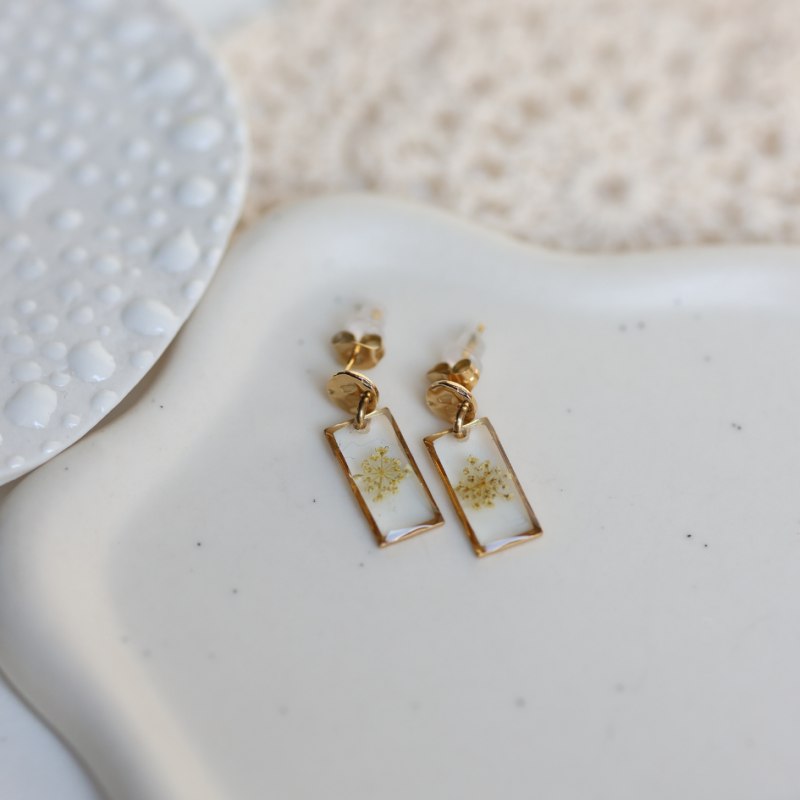 Boucles d’oreilles acier inoxydable - rectangle 16mm - fleur de carotte sauvage