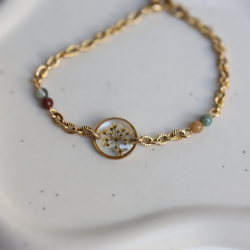 Bracelet acier inoxydable - rond 10mm - fleur de carotte sauvage - perles